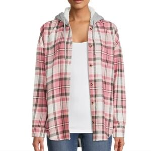 No Boundaries Gray Pink Plaid  Fleece Hooded Shirt Sz XXL